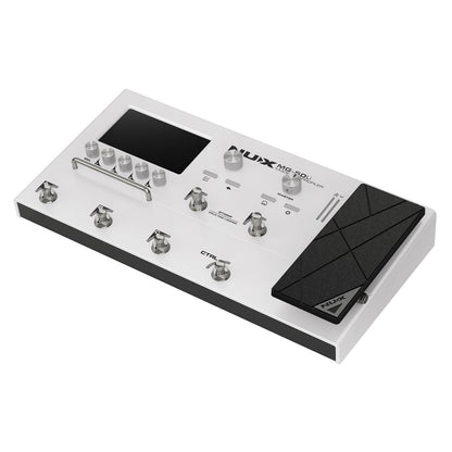 NUX MG-50Li guitar multi-effects processor Kenya white variant angled right side view showing knobs and expression pedal`