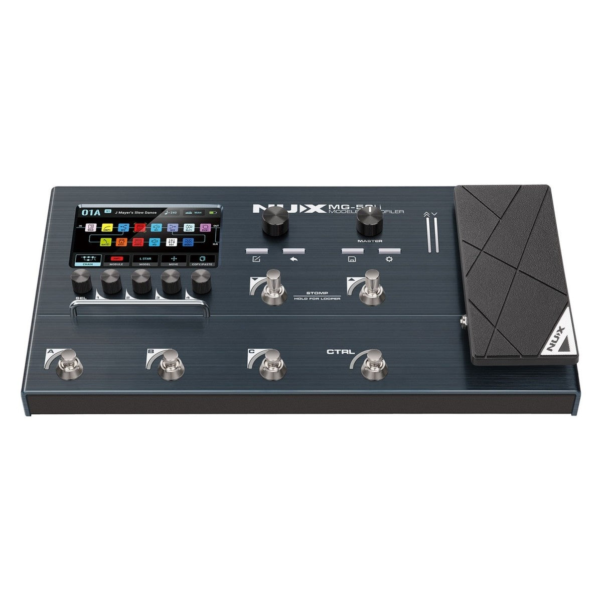 NUX MG-50Li guitar multi-effects processor Kenya black variant rear panel showing XLR DI out USB MIDI and expression inputs`