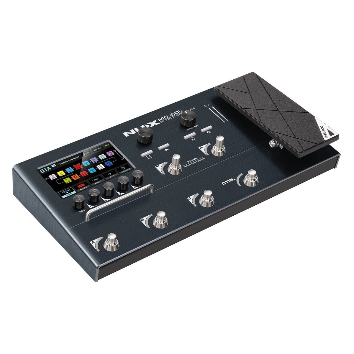 NUX MG-50Li guitar multi-effects processor Kenya black variant angled front-right view highlighting expression pedal and top panel`