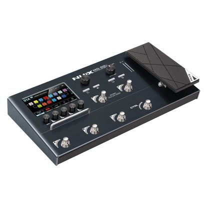 NUX MG-50Li guitar multi-effects processor Kenya black variant angled front-right view highlighting expression pedal and top panel`