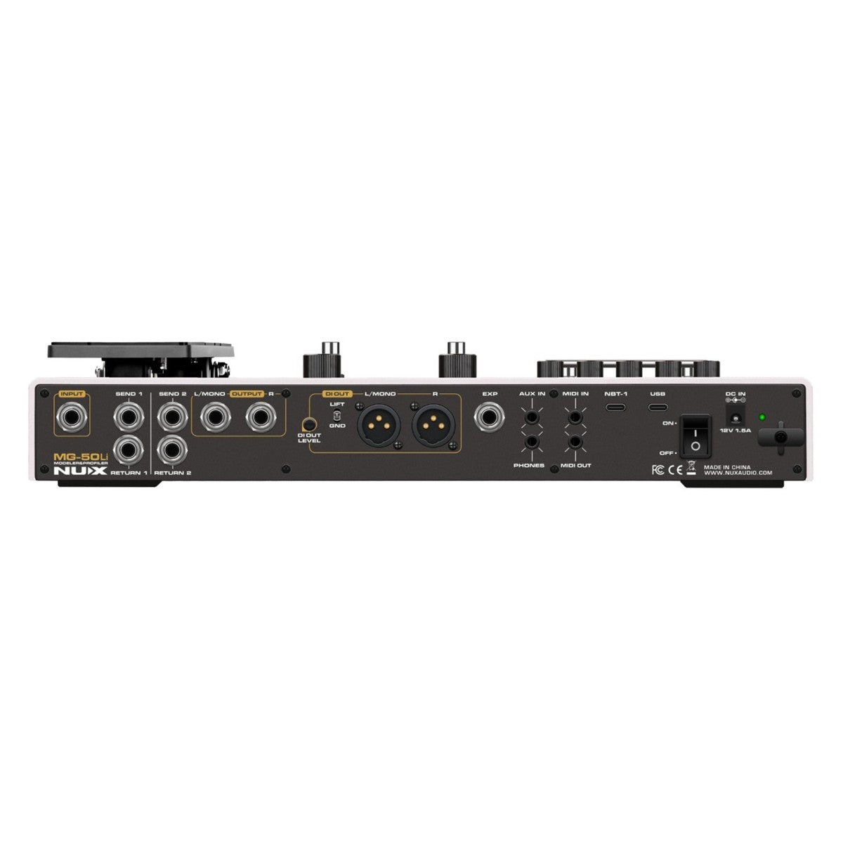 NUX MG-50Li guitar multi-effects processor Kenya black variant 3-quarter front-left view with colour touchscreen active`