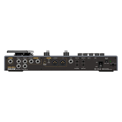 NUX MG-50Li guitar multi-effects processor Kenya black variant close rear panel view with DI out XLR ports and power switch`