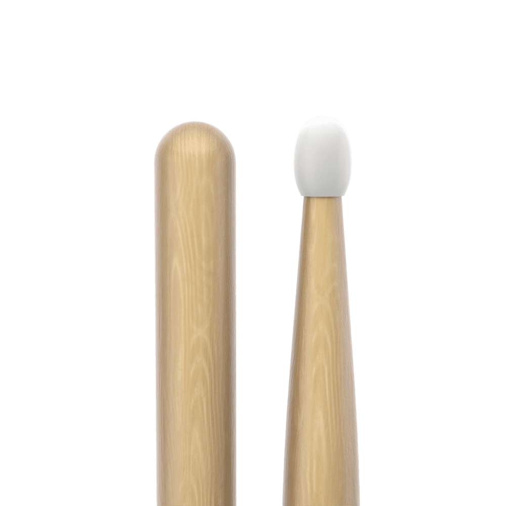 ProMark 2BX drumsticks Kenya — extreme close-up of butt end and nylon tip side by side, hickory grain