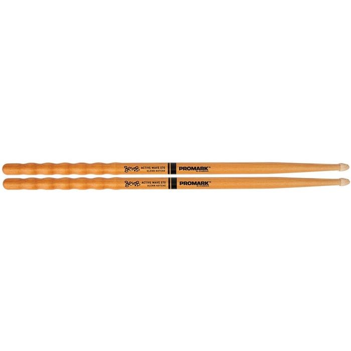 ProMark Active Wave 570 Kenya — pair of Glenn Kotche hickory drumsticks, top-down flat lay, acorn wood tips visible