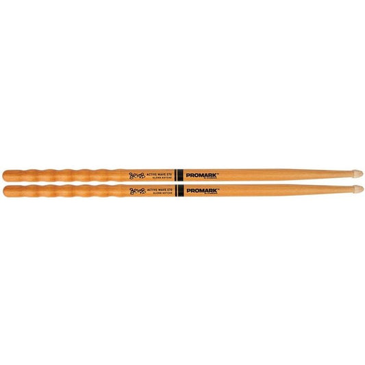 ProMark Active Wave 570 Kenya — pair of Glenn Kotche hickory drumsticks, top-down flat lay, acorn wood tips visible