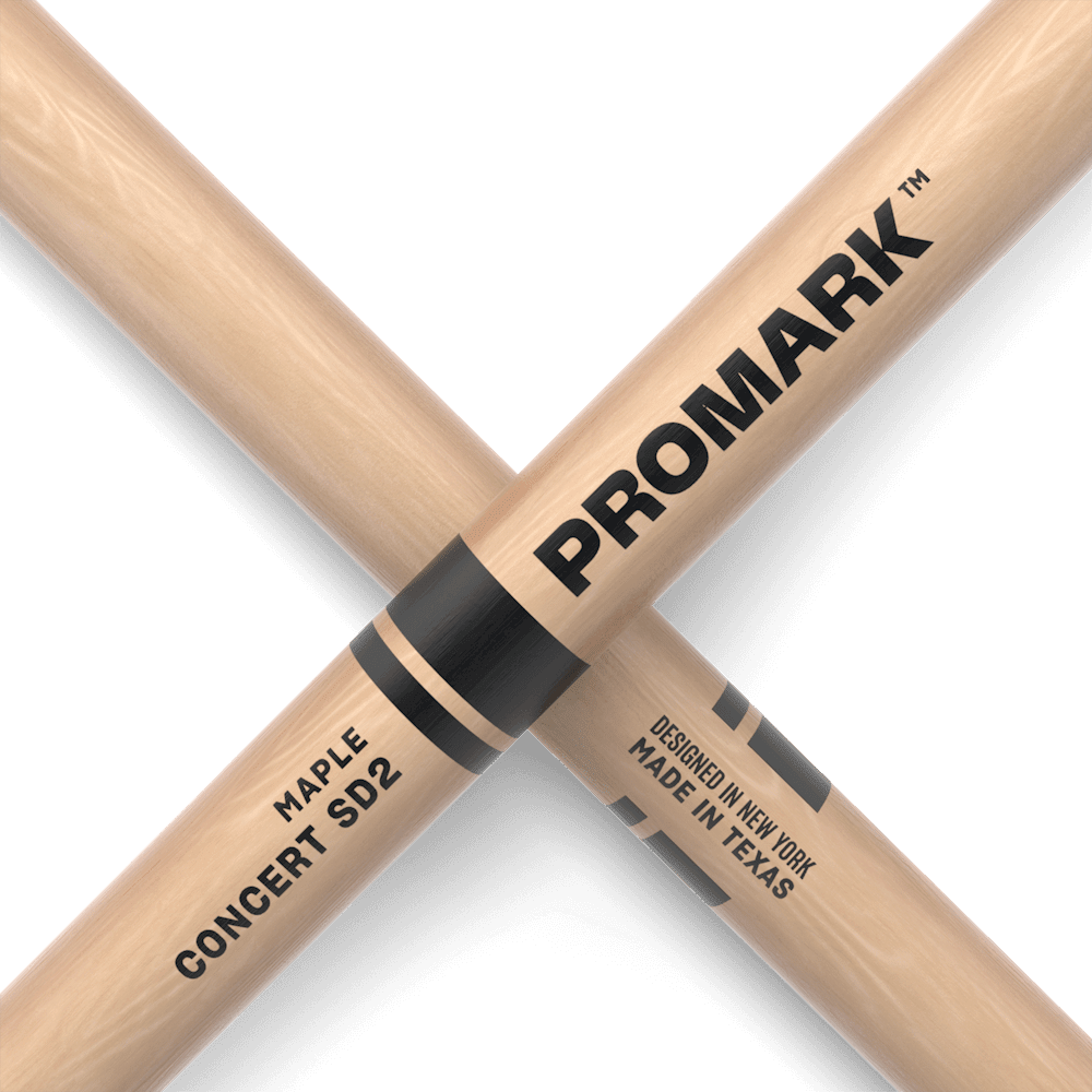 ProMark SD2W Bolero Kenya — two sticks crossed in X formation, Concert SD2 maple label and Made in Texas stamp visible
