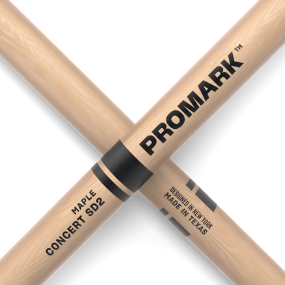 ProMark SD2W Bolero Kenya — two sticks crossed in X formation, Concert SD2 maple label and Made in Texas stamp visible