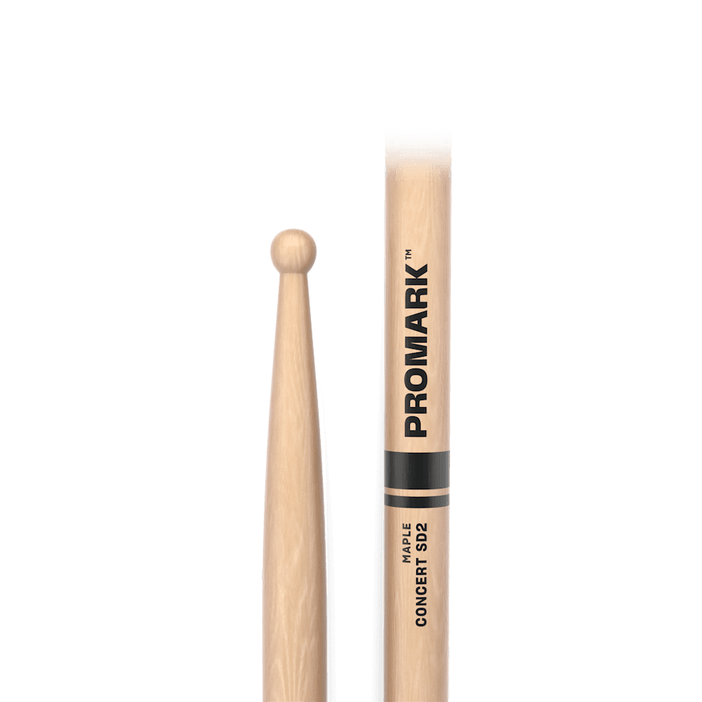 ProMark SD2W Bolero Kenya — close-up of wood ball tip and Promark Concert SD2 maple label on stick shaft