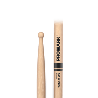 ProMark SD2W Bolero Kenya — close-up of wood ball tip and Promark Concert SD2 maple label on stick shaft