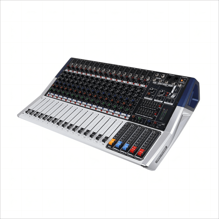 Promixer KV160 16 channel mixer Kenya three-quarter operator view showing fader bank, master faders, and FX send controls