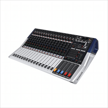 Promixer KV160 16 channel mixer Kenya three-quarter operator view showing fader bank, master faders, and FX send controls
