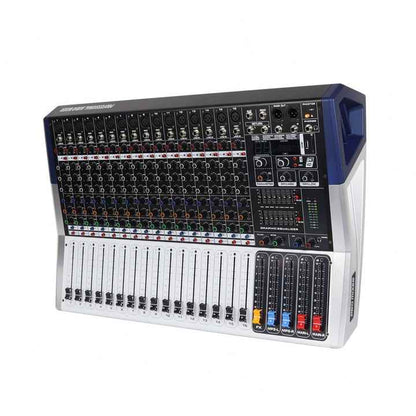 Promixer KV160 16 channel mixer Kenya angled front view showing all 16 channel faders, knobs, and blue silver chassis