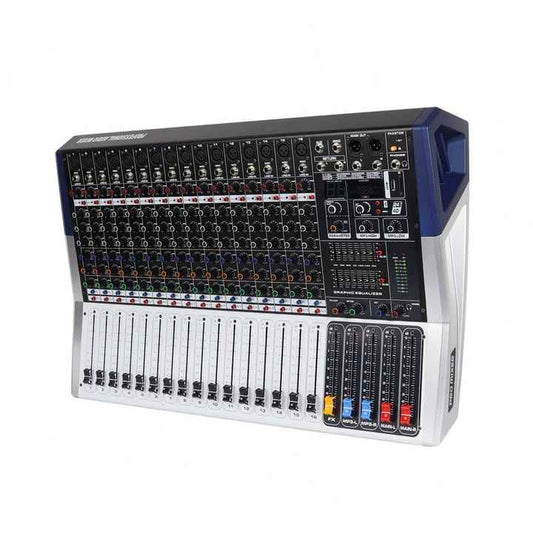 Promixer KV160 16 channel mixer Kenya angled front view showing all 16 channel faders, knobs, and blue silver chassis