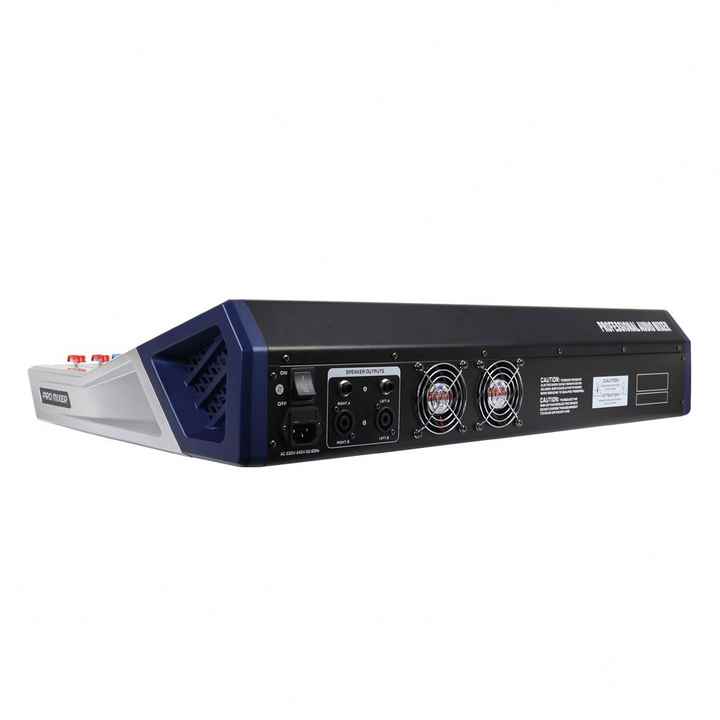Promixer KV160 16 channel mixer Kenya rear panel with power input, speaker output terminals, and dual cooling fans