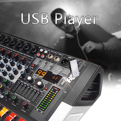 Promixer KV8 powered mixer Kenya USB player feature showing flash drive inserted into USB port for playback`