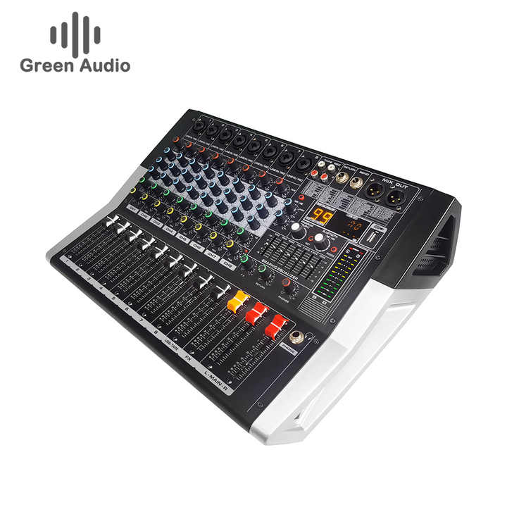 Promixer KV8 powered mixer Kenya angled top view showing 8 channel faders graphic EQ and MIX OUT XLR`