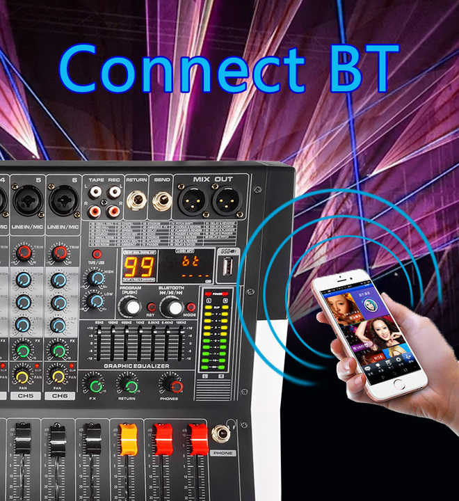 Promixer KV8 powered mixer Kenya Bluetooth feature callout showing wireless phone connection and BT controls`