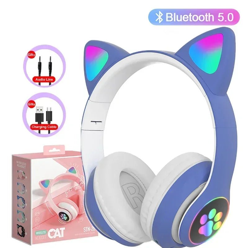 Cat ear wireless headphones Kenya STN-28 blue-grey with rainbow LED cat ears and paw print earcup, Bluetooth 5.0