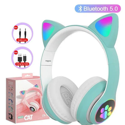 Cat ear wireless headphones Kenya – STN-28 teal Bluetooth 5.0 with rainbow LED ears and paw print earcup, with retail box