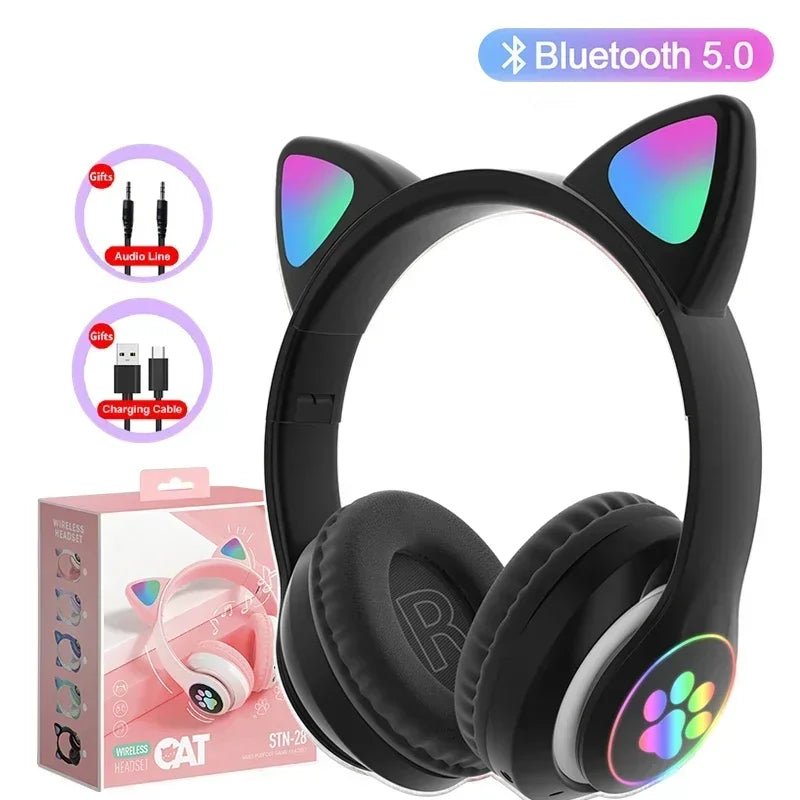 Cat ear wireless headphones Kenya STN-28 black with rainbow LED ears and paw print earcup, Bluetooth 5.0