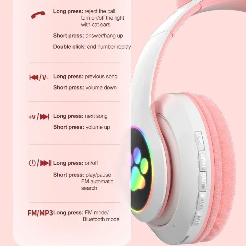 Cat ear wireless headphones Kenya STN-28 front-facing view with LED lights active on both ears and earcup