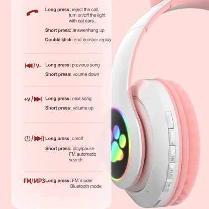 Cat ear wireless headphones Kenya STN-28 front-facing view with LED lights active on both ears and earcup