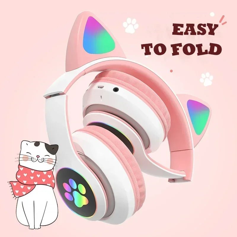 Cat ear wireless headphones Kenya STN-28 close-up of earcup paw print LED light panel glowing in rainbow colours
