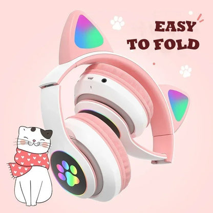Cat ear wireless headphones Kenya STN-28 close-up of earcup paw print LED light panel glowing in rainbow colours