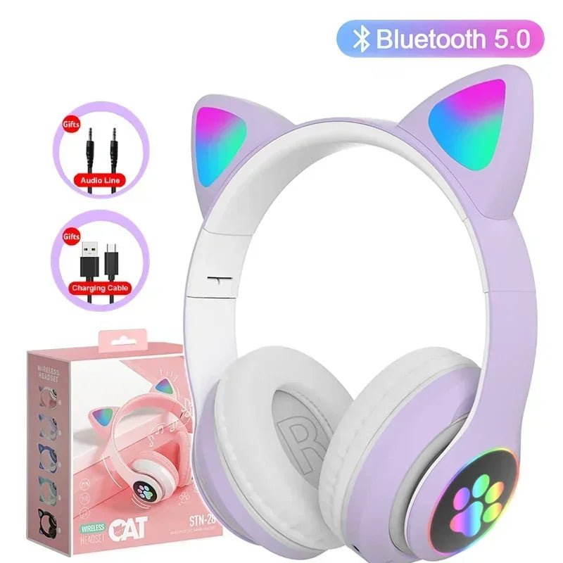 Cat ear wireless headphones Kenya STN-28 purple-white with rainbow LED ears and glowing paw print earcup, Bluetooth 5.0
