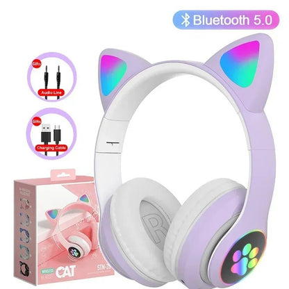 Cat ear wireless headphones Kenya STN-28 purple-white with rainbow LED ears and glowing paw print earcup, Bluetooth 5.0