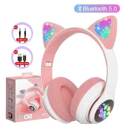 Cat ear wireless headphones Kenya STN-28 shown with accessories and retail packaging – Bluetooth 5.0 variant