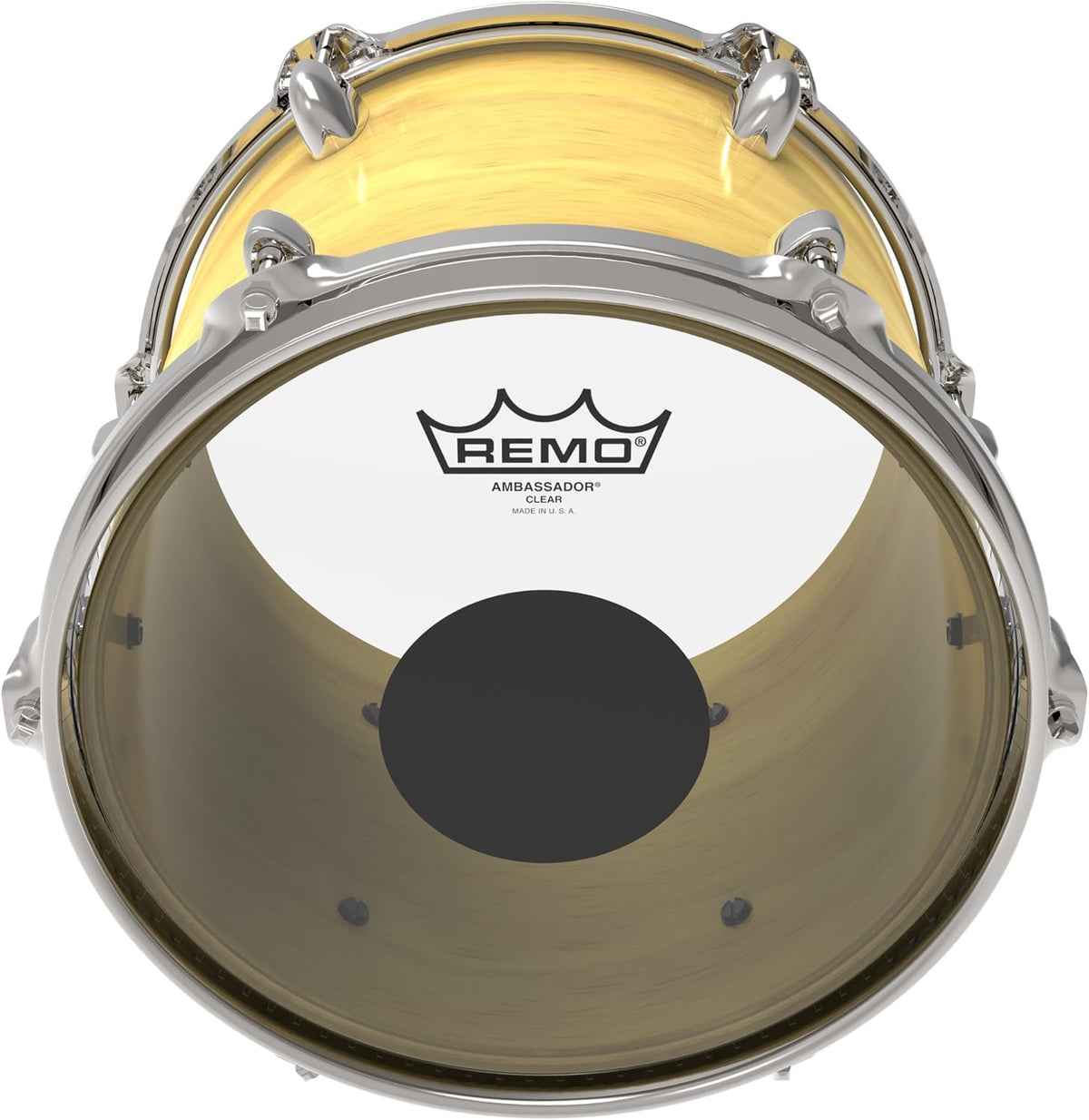 Remo CS-0318-20 Kenya series drumhead on yellow-finish tom, front angle showing black dot and Ambassador Clear label`