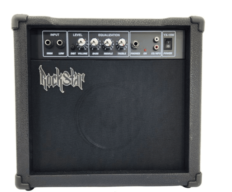 Rockstar YX-15W guitar amp Kenya front view, black combo cabinet with 3-band EQ, dual input, aux and phones jacks