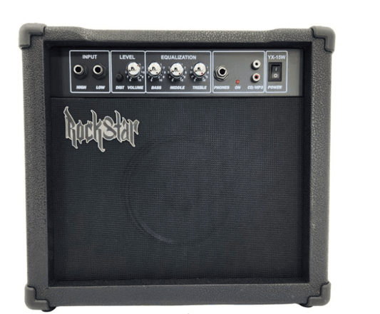 Rockstar YX-15W guitar amp Kenya front view, black combo cabinet with 3-band EQ, dual input, aux and phones jacks