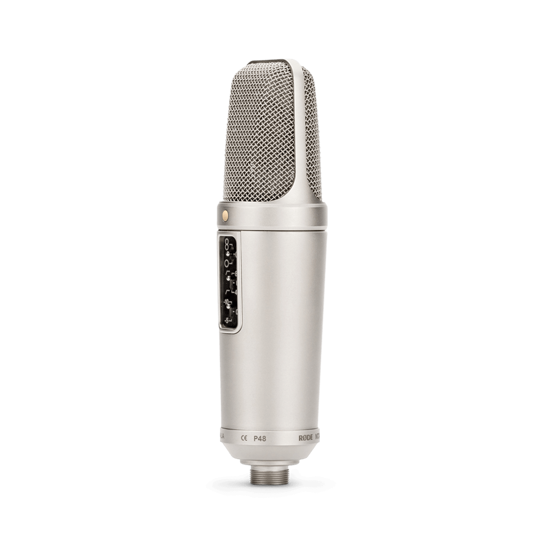 left view of RODE NT2-A Kenya showing CE P48 phantom power marking and XLR connector base