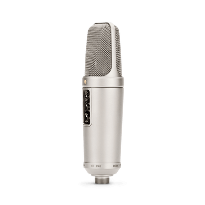 left view of RODE NT2-A Kenya showing CE P48 phantom power marking and XLR connector base