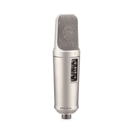 right front view of RODE NT2-A Kenya showing polar pattern, pad, and filter selector switches on body
