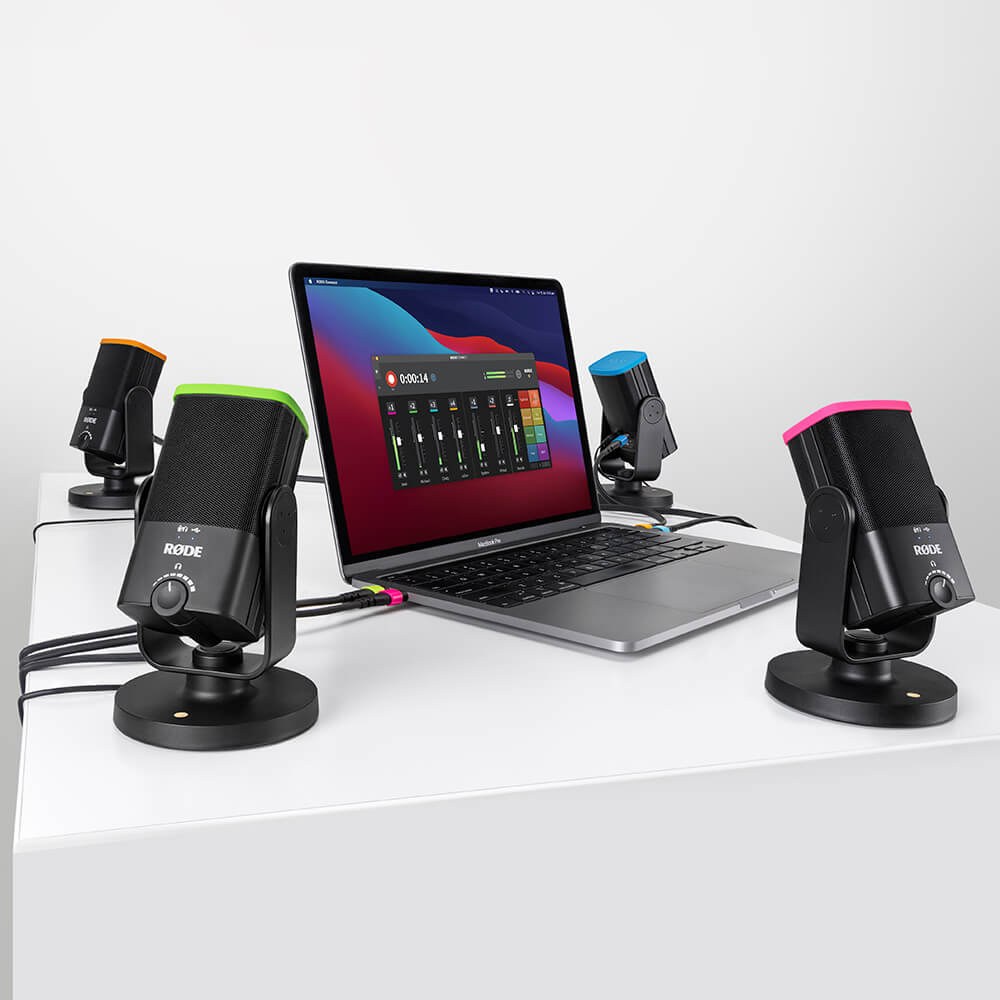 RØDE NT-USB Mini microphone on studio desk for podcasting