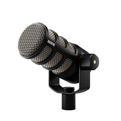 RØDE PodMic Kenya dynamic broadcast microphone shown at a 3/4 angle on white background with integrated swing mount