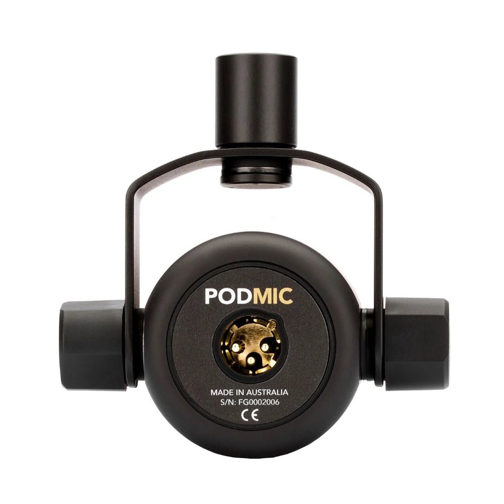 Rode PodMic Kenya bottom view showing XLR output connector, PodMic branding and Made in Australia label