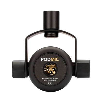 Rode PodMic Kenya bottom view showing XLR output connector, PodMic branding and Made in Australia label