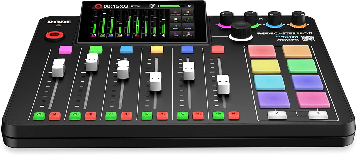 RØDECaster Pro II Kenya front view showing 4 faders, coloured smart pads, touchscreen and channel controls`