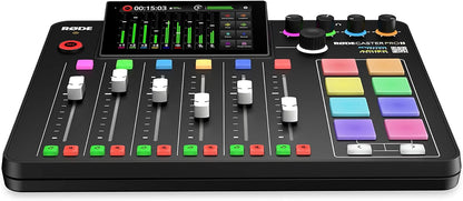 RØDECaster Pro II Kenya front view showing 4 faders, coloured smart pads, touchscreen and channel controls`
