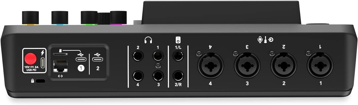 RØDECaster Pro II Kenya rear panel showing 4 XLR inputs, headphone outputs, USB-C, Ethernet and power ports`