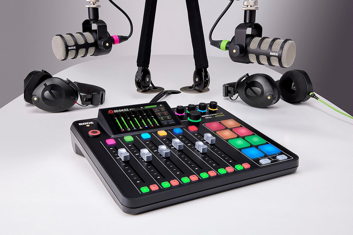 RØDECaster Pro II Kenya surrounded by RODE podcast mics and headphones in a multi-guest studio setup