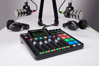 RØDECaster Pro II Kenya surrounded by RODE podcast mics and headphones in a multi-guest studio setup