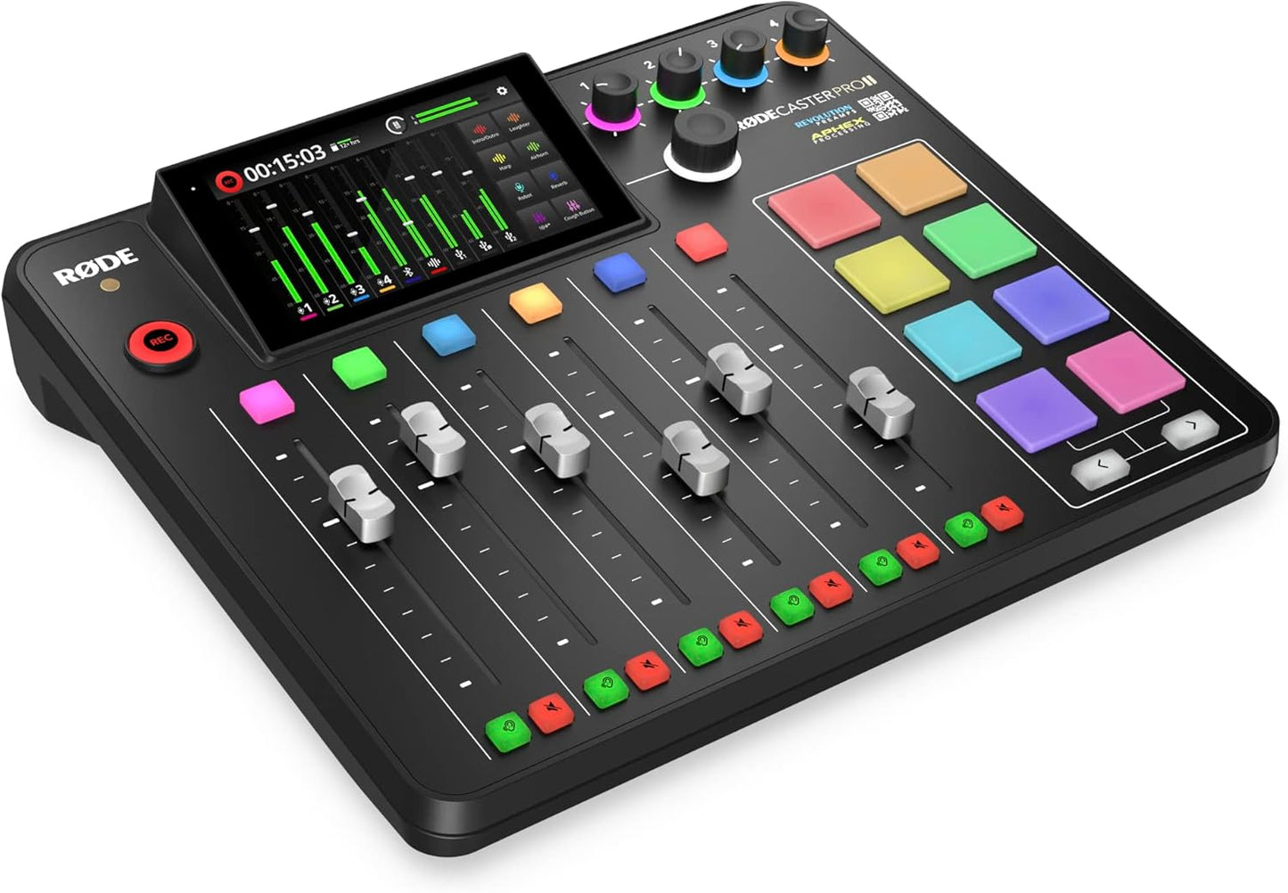RØDECaster Pro II Kenya left-side angle showing faders, smart pads, 4 headphone knobs and touchscreen`