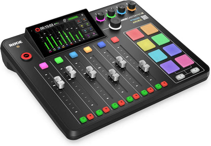 RØDECaster Pro II Kenya left-side angle showing faders, smart pads, 4 headphone knobs and touchscreen`