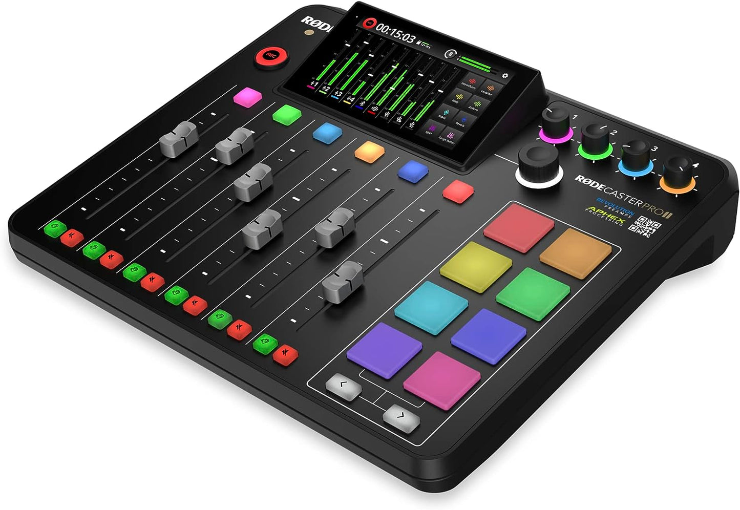 RØDECaster Pro II Kenya right-side angle showing faders, 9 smart pads, REC button and touchscreen display