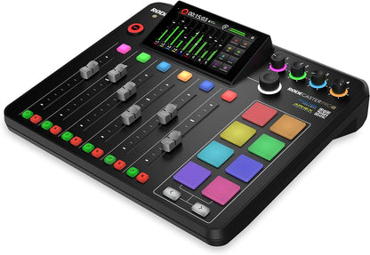 RØDECaster Pro II Kenya right-side angle showing faders, 9 smart pads, REC button and touchscreen display